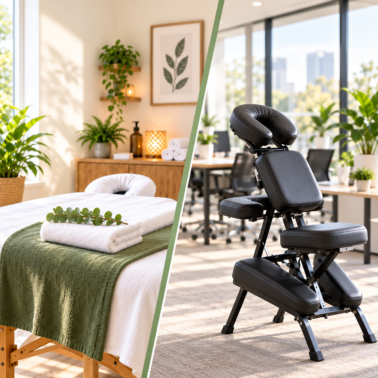 Illustration showing a massage table in a clinic and a mobile chair massage setup in an office
